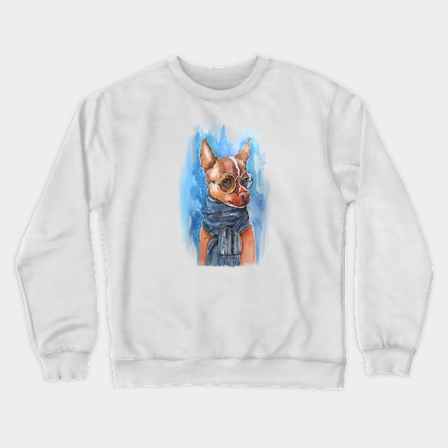 Smart Chihuahua dog with glasses, watercolor print. Crewneck Sweatshirt by kdegtiareva